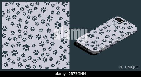 Modern smartphone in unique case decorated Pads of cat paws seamless pattern. Animal paw prints on ground. Isometric top view. Vector ornament for des Stock Vector