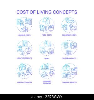 Cost of living blue gradient concept icons set Stock Vector