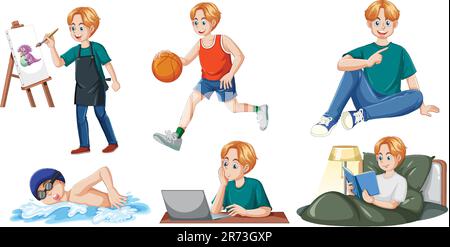 Set of caucasian man with different activity illustration Stock Vector