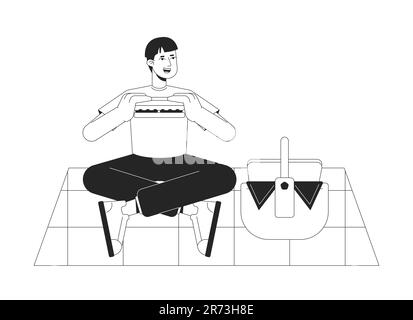 Guy eating sandwich on summer picnic bw vector spot illustration Stock Vector