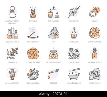 Modern vector line icon of aromatherapy and essential oils. Elements - aromatherapy diffuser, candles, incense sticks, herbal bags. Linear pictogram Stock Vector