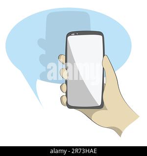 line art closeup hand holding smartphone on blue speech bubble illustration vector hand drawn isolated on white background Stock Vector