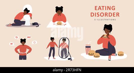 Eating disorder. Sad african woman worries about being overweight. Overeating, bulimia, anorexia. Food addiction concept. Rejection of yourself. Set Stock Vector