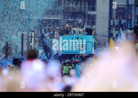 Manchester, UK. 12th June, 2023. Manchester City players during the Manchester City's victory parade for European Cup, the FA Cup and the Premier League, in the streets of Manchester, northern England on June 12, 2023  (Photo by Phil Bryan/Alamy Live News) Credit: Philip Bryan/Alamy Live News Stock Photo