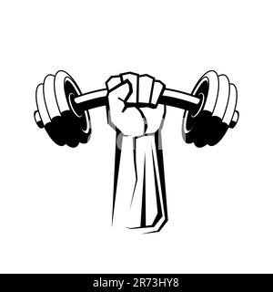 Hand holding dumbbell. Fist with dumbbell. Hand grasping dumbbell. Fitness logo design. Vector illustration. Stock Vector