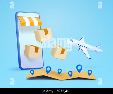 3d phone with shopping cover, shipping cargo boxes, airplane, map markers, isolated on background. Design concept for commerce, worldwide delivery, trade, retail. 3d vector illustration. Vector illustration Stock Vector