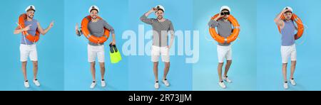 Collage with photos of sailor on light blue background Stock Photo