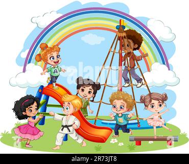 Children with different race playing at the playground illustration Stock Vector