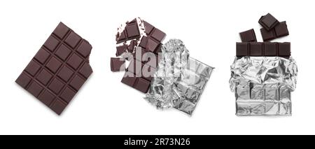 Collage with tasty different chocolate bars on white background, top view Stock Photo