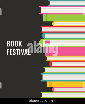 Book festival vector background with colorful books. Stack of colorful books on dark background. Stock Vector