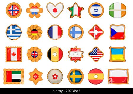 Set homemade cookie with flag country world in tasty biscuit, cookie consist of sign flag country world on natural biscuit, fresh biscuit cookie with Stock Vector