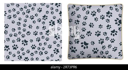 Square decorative pillow, bedroom accessory decorated Pads of cat paws seamless pattern. Animal paw prints on ground. Vector ornament for design of po Stock Vector