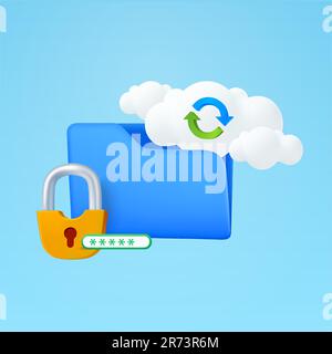 3d folder with cloud, sync icon, secured lock, password input, isolated on background. Design concept for cloud server, security, file, data storage. 3d vector illustration. Vector illustration Stock Vector