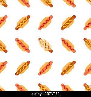 Tasty divine appetizing hot dog with mustard and ketchup fast food seamless pattern. Vector illustration in minimal cartoon flat style isolated on whi Stock Vector