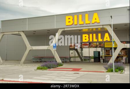 Zarnovica, Slovakia - June, 4 , 2023 : Supermarket Billa Sign. Brand logo. BILLA  is an Austrian supermarket chain that operates in Europe. Stock Photo