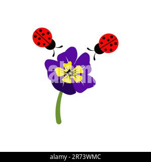 Cute print with Viola flowers and ladybugs on a white background. Stock Vector