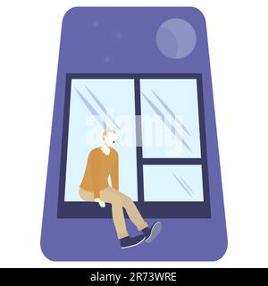 Man is sitting on the windowsill. Night sky and window. Vertical vector illustration. Isolated on white background Stock Vector