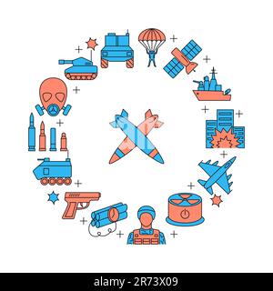 Military weapons round concept poster with line icons. Army and war symbols. Vector illustration. Stock Vector