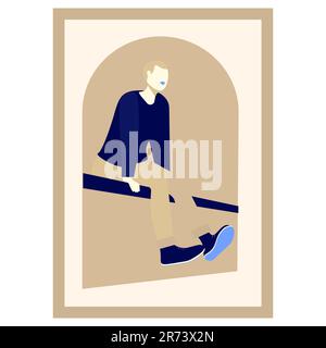 Man is sitting on the balcony railing. Faceless portrait Vertical vector illustration. Isolated on white background Stock Vector