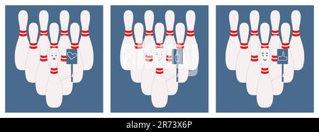 Funny white bowling pins on blue background. First pin holding in hand placard with different signs.  Isolated vector illustrations set. Stock Vector