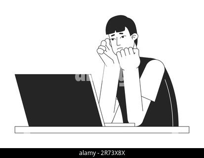 Frustrated man with laptop bw vector spot illustration Stock Vector