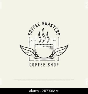 vintage coffee roaster shop logo design vector, organic food and drink logo vector drawings with outline style Stock Vector