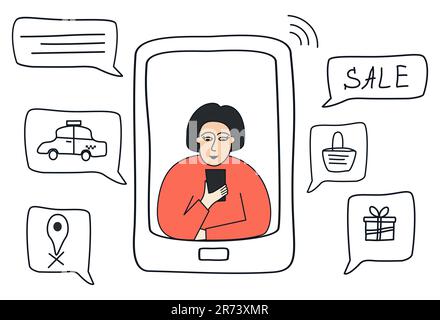 Woman sitting in frame of phone and using smartphone Live on the phone Shopping, order taxi online Mobile app Society's dependence on internet Hand dr Stock Vector