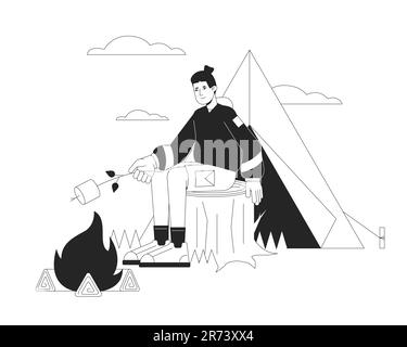 Tent camping with toasted marshmallow bw vector spot illustration Stock Vector