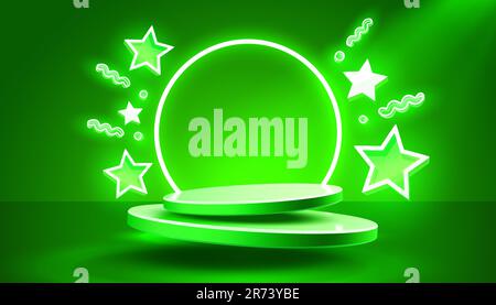 Star sign icon, scene mega sale, shopping podium banner, neon night pedestal. Vector Stock Vector