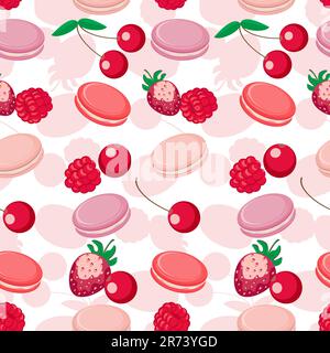 Vector seamless pattern with colorful macaroon cookies snack biscuits and fruits Stock Vector