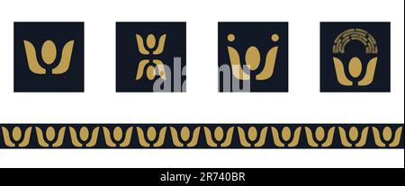 Icon, logo, and border set. Raised up hands different pictogram design.  Abstract vector illustration. Golden on dark blue background. Isolated Stock Vector