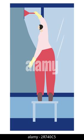 Cleaner washing window with cleaning tool Vector illustration Isolated on white background Stock Vector