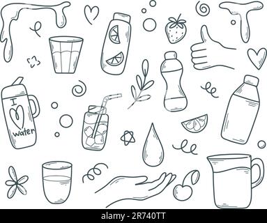 Water set doodle style. Cute simple ink illustration water in glass, bottle, plastic, jug, mug. Sketch fluid collection. Hand drawn vessels with water Stock Vector