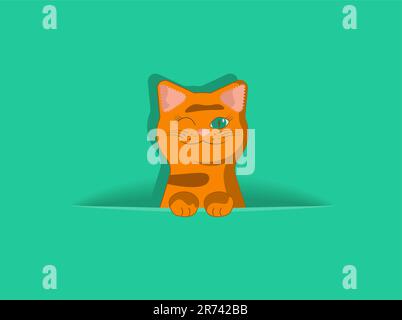 Empty solid green background with hiding ginger tabby cat. Template for holiday postcard or greeting card Stock Vector