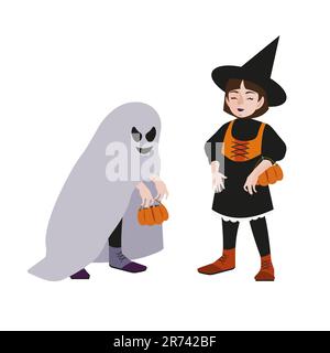 Young witch with closed eyes and kind face. Kid with ghost mantle. Pumpkin bags with candies. Halloween holiday characters. Isolated objects, vector i Stock Vector