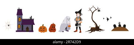 Halloween holiday isolated characters and objects set. Girl witch, kid with ghost mantle, pumpkins, tree with stumps, graves, spider on a web, house. Stock Vector