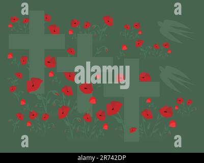 Crosses in the poppy field and swallows Cemetery headstone with poppies. Vector illustration for Remembrance Day, Anzac Day Stock Vector