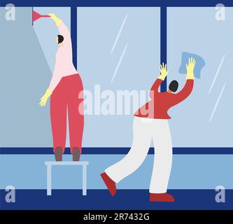 People washing windows.  Cleaners wash windows with a squeegee and wipe. Vector illustration Stock Vector