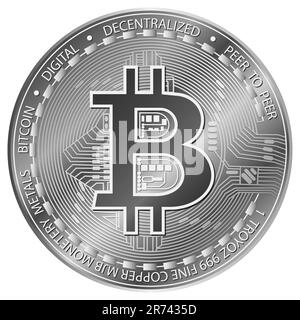 Silver Bitcoin. Electronics finance money symbol. Silver cryptocurrency coin. Isolated vector illustration on white background Stock Vector