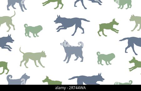 Seamless pattern. Silhouette dogs different breeds in various poses. Isolated on a white background. Endless texture. Design for fabric, decor, print. Stock Vector