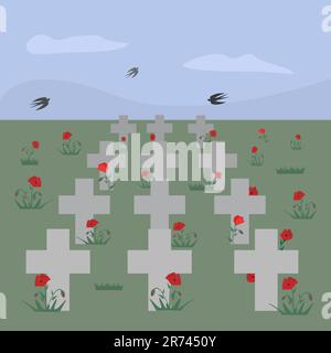 Cemetery headstone crosses with poppies. Swallows fly in the sky. Poppy field Vector illustration for Remembrance Day, Anzac Day Stock Vector