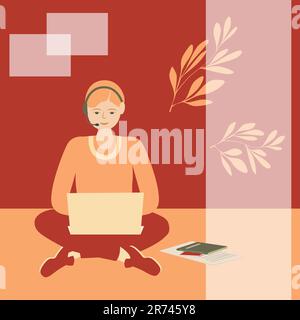 Girl sitting on the floor and using a laptop. Young woman work or study at home. Video conference. Freelance work or online communication. Vector illustration Stock Vector