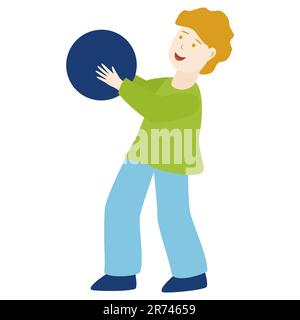 Kid holding the ball. Boy enjoying sports game. Preteen smiling and having. Vector illustration Isolated on white background Stock Vector