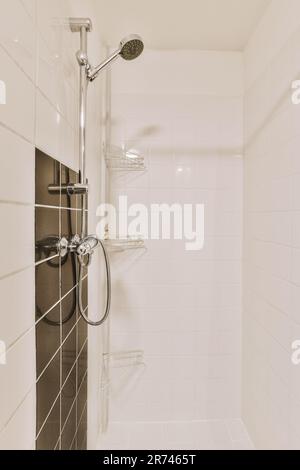 New black shower head on holder in white tiled bathroom in modern apartment  Stock Photo - Alamy