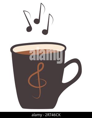 Brown Coffee cup and note steam Cup with treble clef print Hand drawn vector illustration Isolated on white background Stock Vector