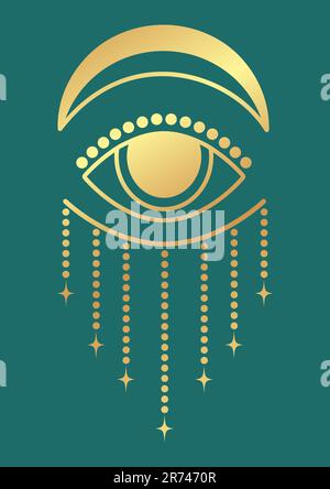 Golden style mystic eye printed illustration poster. Tarot card Stock Vector