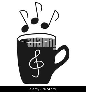 Black Coffee cup with treble clef print and note steam Hand drawn vector illustration Isolated on white background Stock Vector