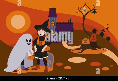 Halloween holiday scene with multiple characters. Young witch, kid ghost, house, pumpkins on stumps, tree without leaves and with a spider on a web, c Stock Vector
