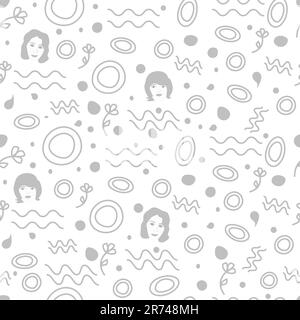 Seamless pattern. Human faces flower and wave Scrabble circle and dot. Doodle style. Colorless vector background for textile or wallpaper decor. Stock Vector