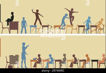 Editable vector silhouettes of two colorful classroom scenes Stock Vector